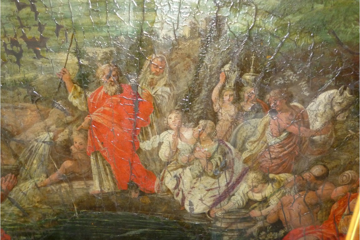 Moses strikes water from the stone, fan leaf, 17th century