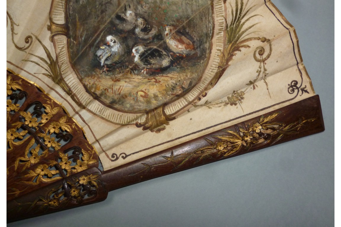 Rooster and chicks, late 19th century fan