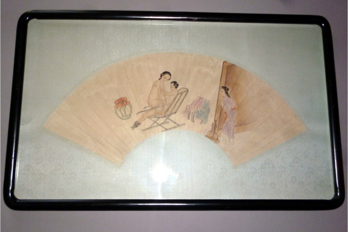 L'amour à trois, paire d'éventails érotiques, Chine XIXème siècle