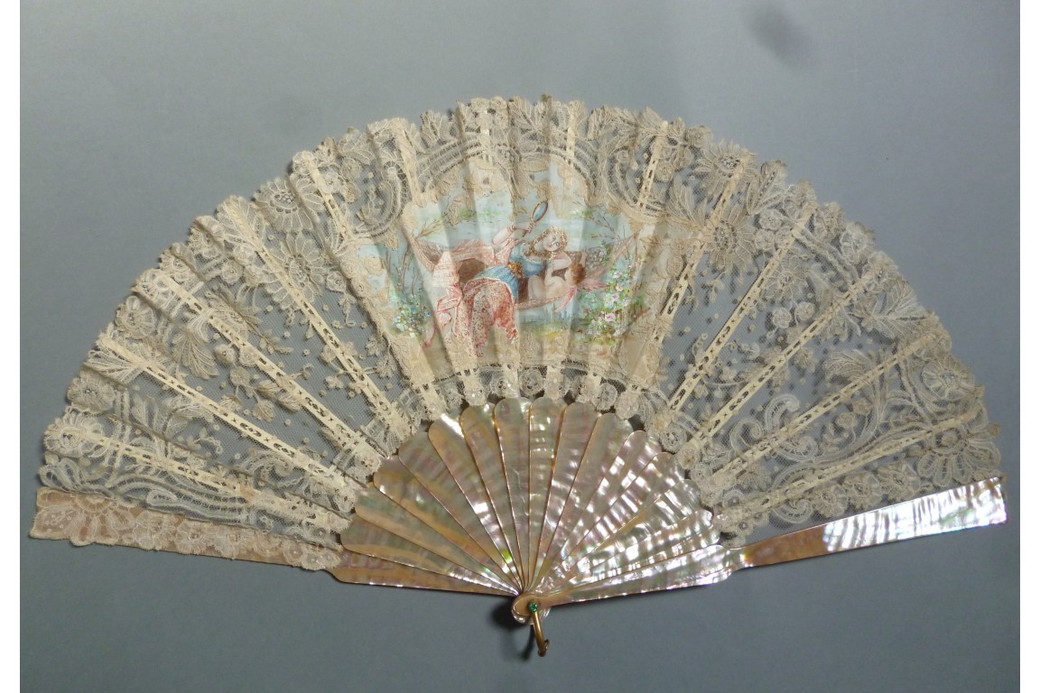 The Beauty with the mirror, fan circa 1890