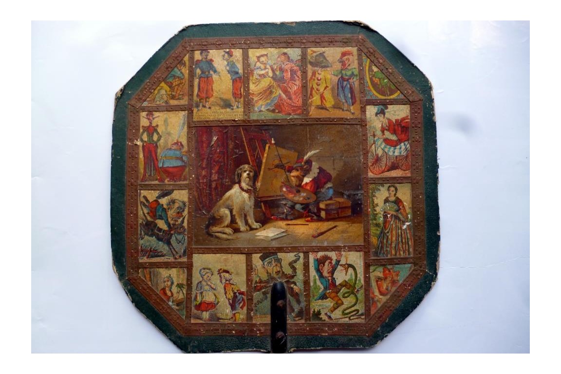Monkey and dog, fixed fans with caricatures, 19th century
