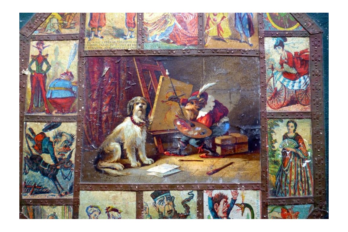 Monkey and dog, fixed fans with caricatures, 19th century