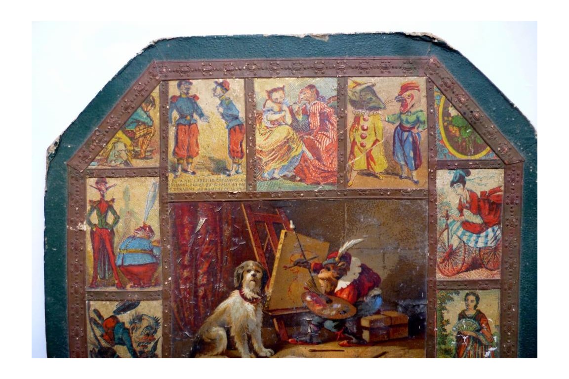 Monkey and dog, fixed fans with caricatures, 19th century