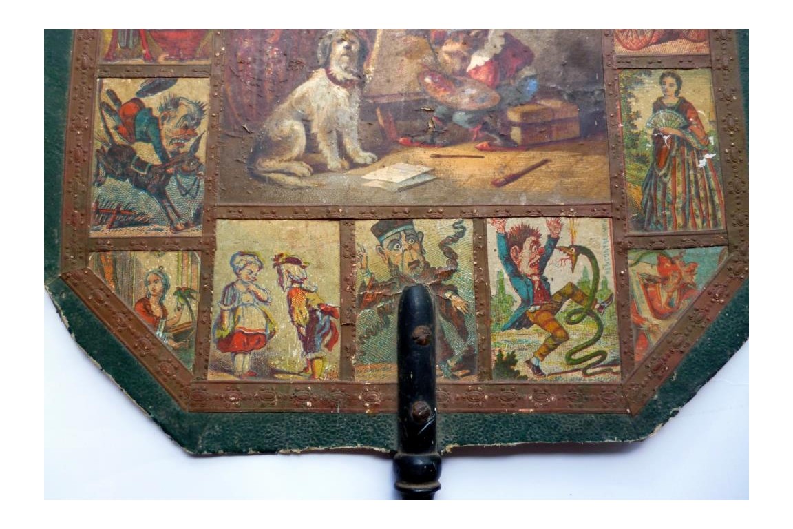 Monkey and dog, fixed fans with caricatures, 19th century