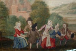 Scènes de vie au village, feuille d'éventail fin XVIIème siècle