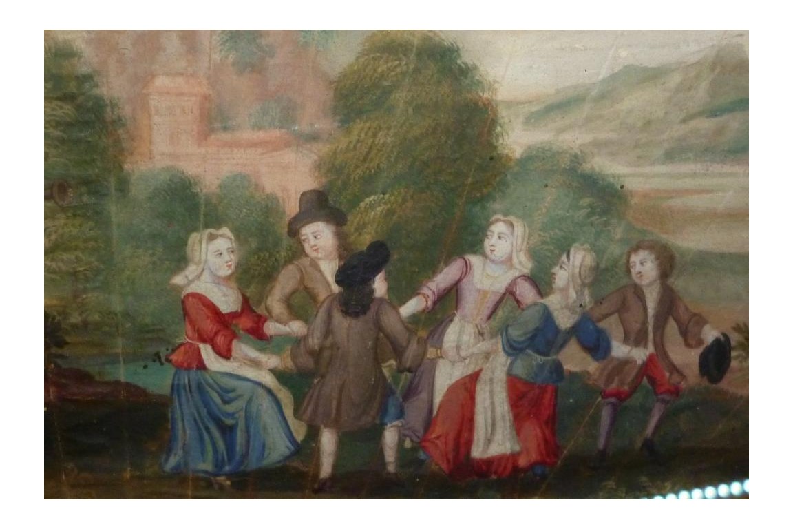Scènes de vie au village, feuille d'éventail fin XVIIème siècle