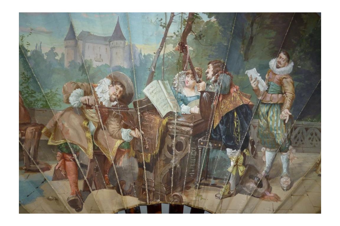 Concerto in front of the castle, fan by Van Garden and Alexandre,circa 1870