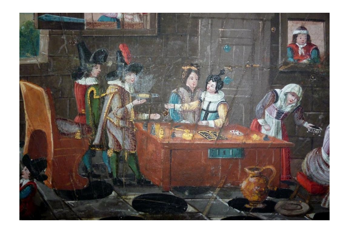 La taverne de la cartomancienne, feuille d'éventail milieu XVIIème siècle