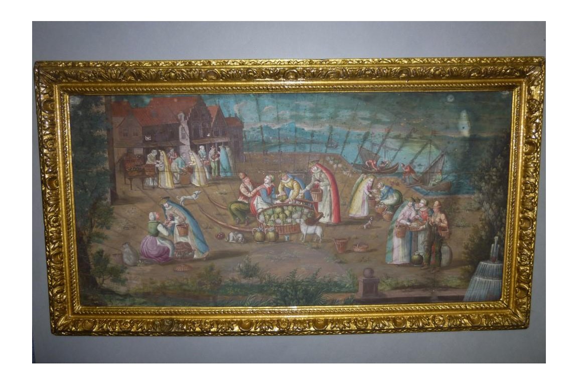 Market in a port of the Hanseatic league in the XVIIth century, fan leaf