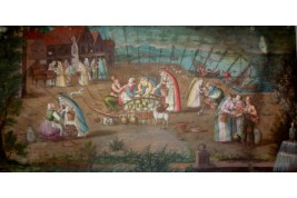 Market in a port of the Hanseatic league in the XVIIth century, fan leaf