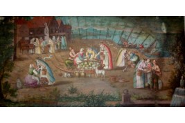 Scène de marché dans un port de la ligue hanséatique au XVIIème siècle, feuille d'éventail
