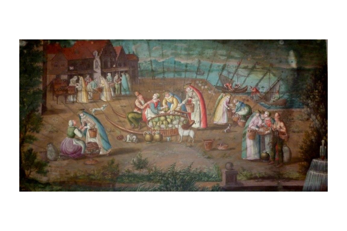 Market in a port of the Hanseatic league in the XVIIth century, fan leaf