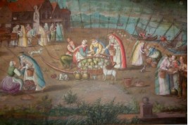 Market in a port of the Hanseatic league in the XVIIth century, fan leaf