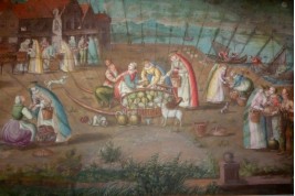 Scène de marché dans un port de la ligue hanséatique au XVIIème siècle, feuille d'éventail