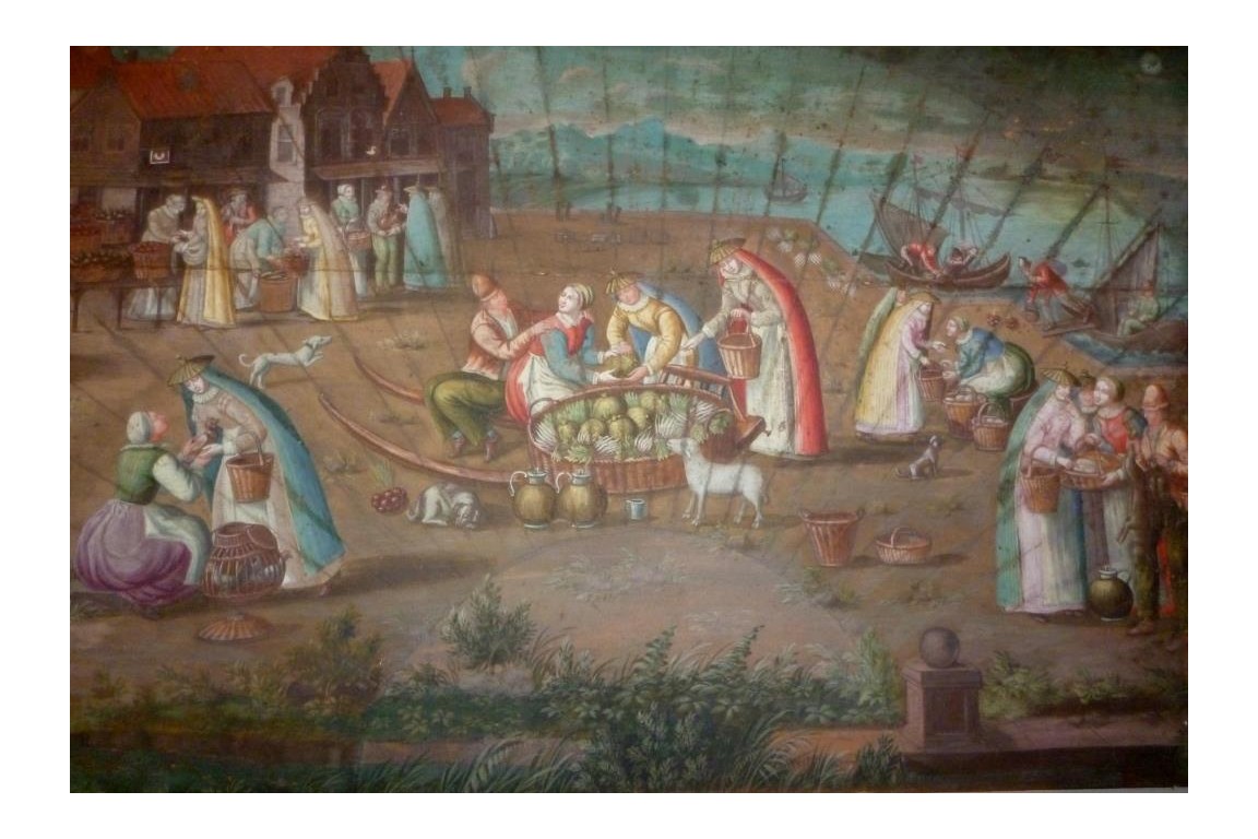 Market in a port of the Hanseatic league in the XVIIth century, fan leaf