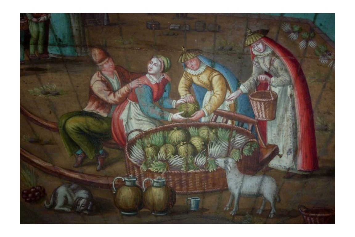 Market in a port of the Hanseatic league in the XVIIth century, fan leaf