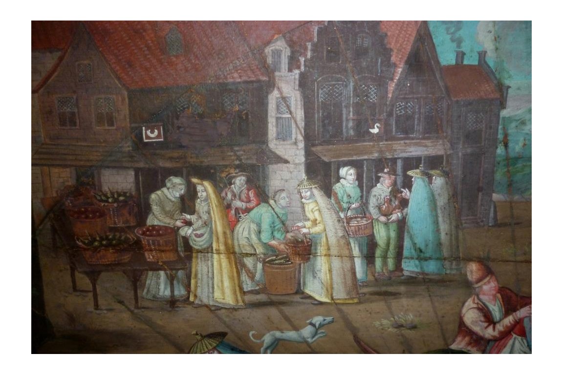Market in a port of the Hanseatic league in the XVIIth century, fan leaf