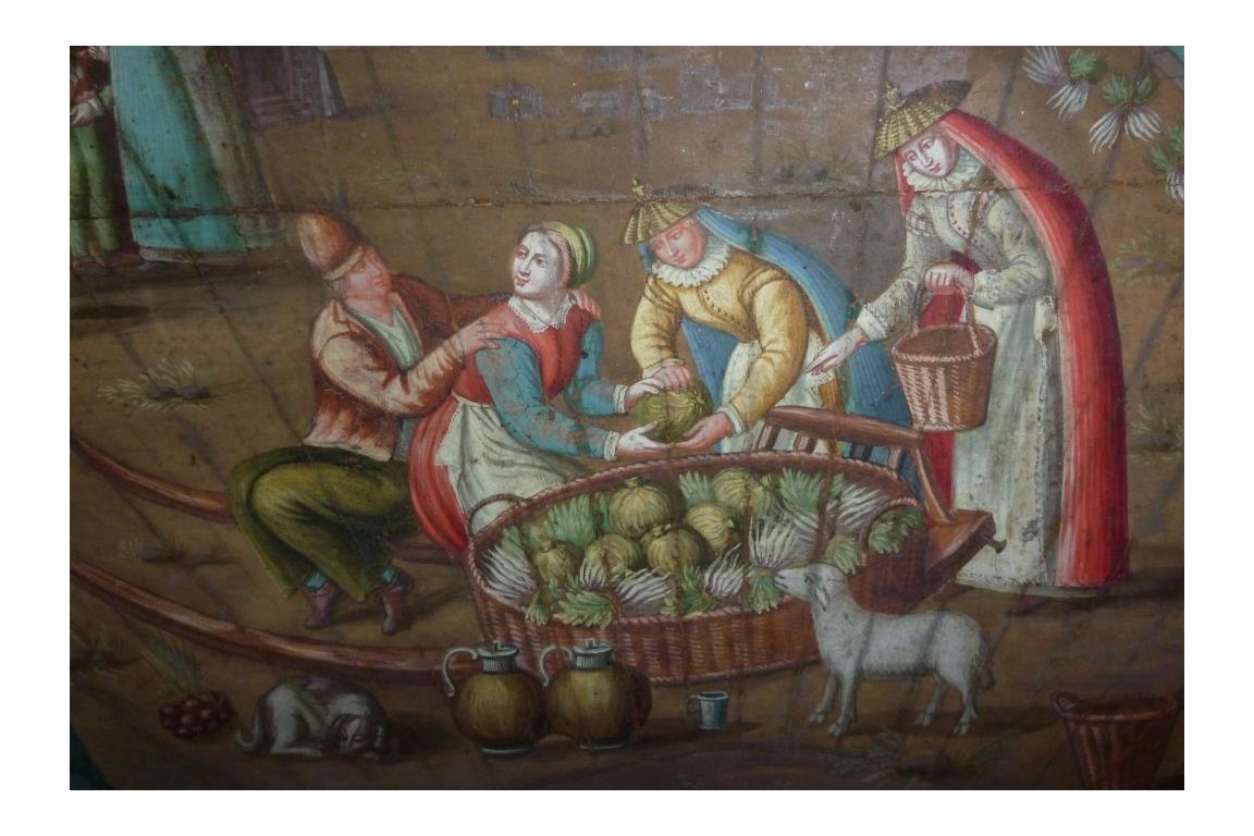 Market in a port of the Hanseatic league in the XVIIth century, fan leaf