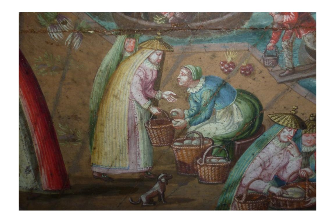 Market in a port of the Hanseatic league in the XVIIth century, fan leaf