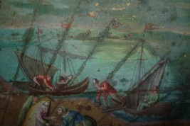 Market in a port of the Hanseatic league in the XVIIth century, fan leaf