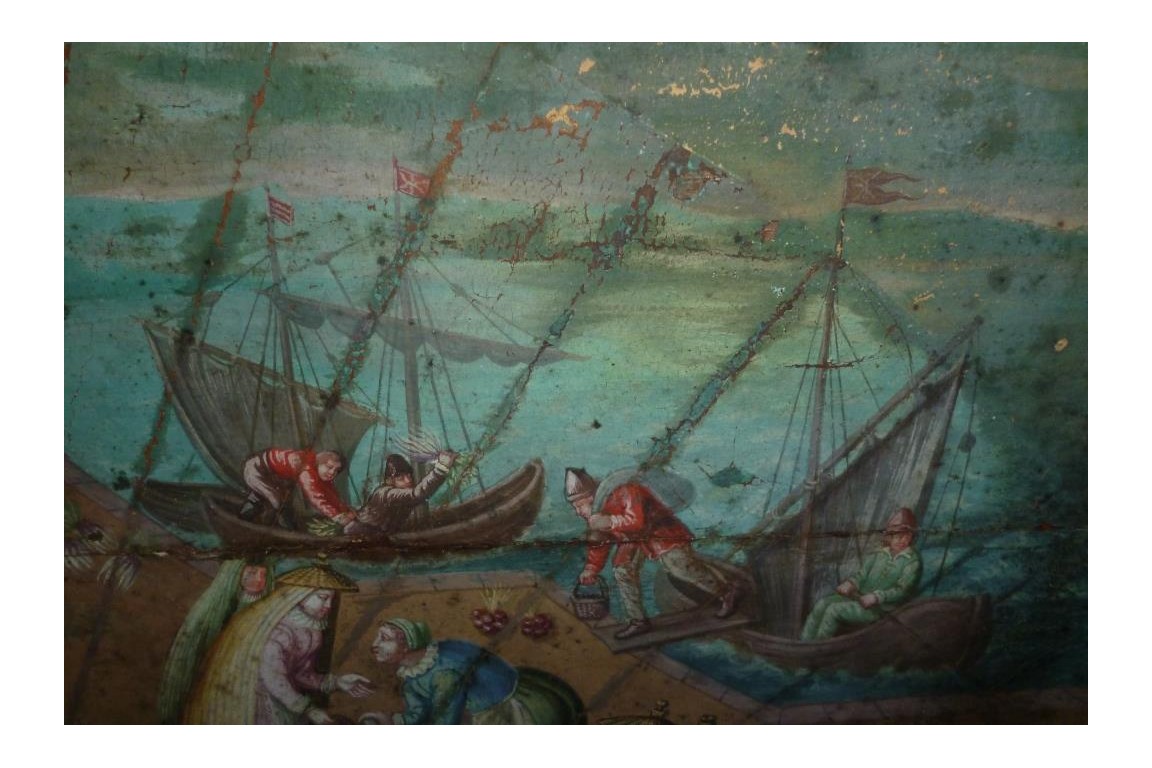 Market in a port of the Hanseatic league in the XVIIth century, fan leaf