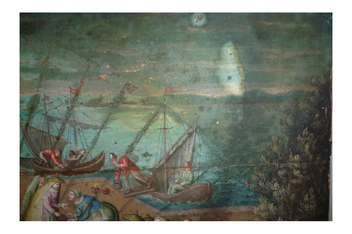 Market in a port of the Hanseatic league in the XVIIth century, fan leaf