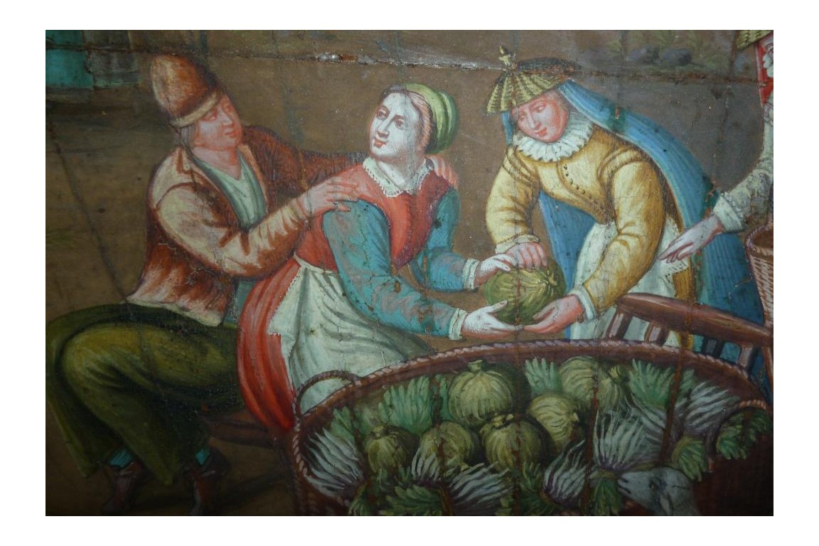 Market in a port of the Hanseatic league in the XVIIth century, fan leaf