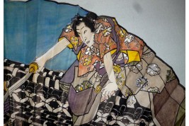 Combat sur le toit du Hōryūkaku, éventail d'après Utagawa Kunisada, vers 1900