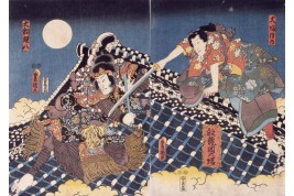 Combat sur le toit du Hōryūkaku, éventail d'après Utagawa Kunisada, vers 1900