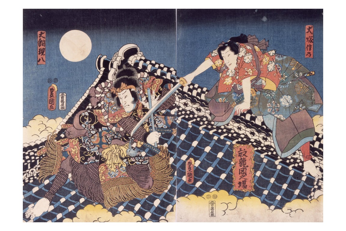 Combat sur le toit du Hōryūkaku, éventail d'après Utagawa Kunisada, vers 1900