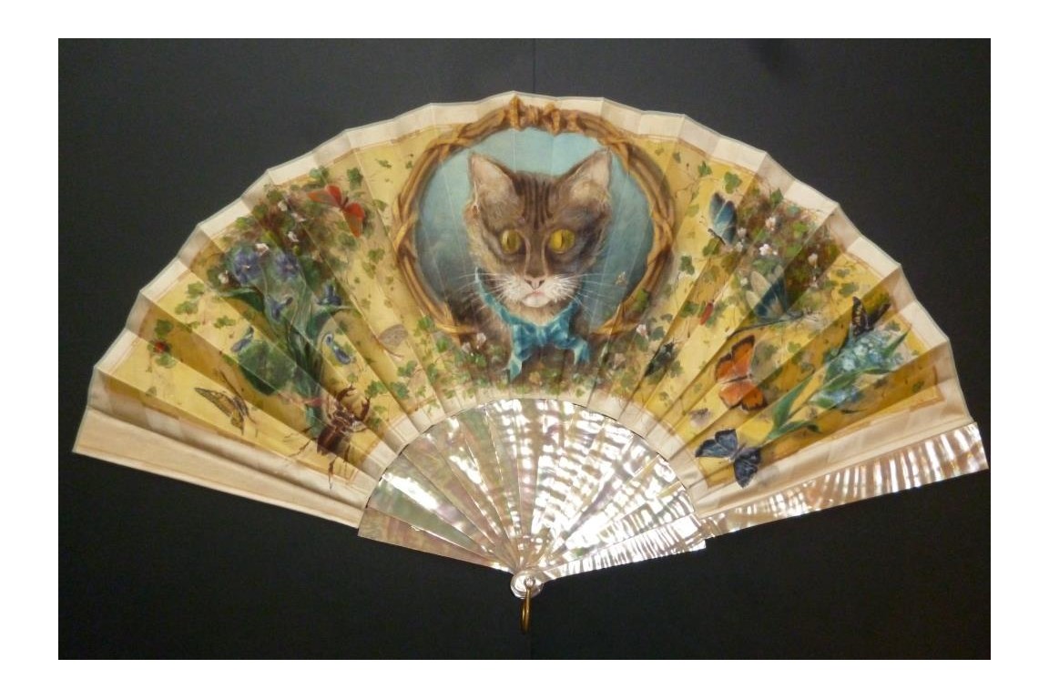 Cat and insects, late 19th century fan