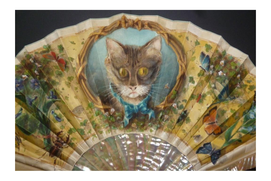 Cat and insects, late 19th century fan