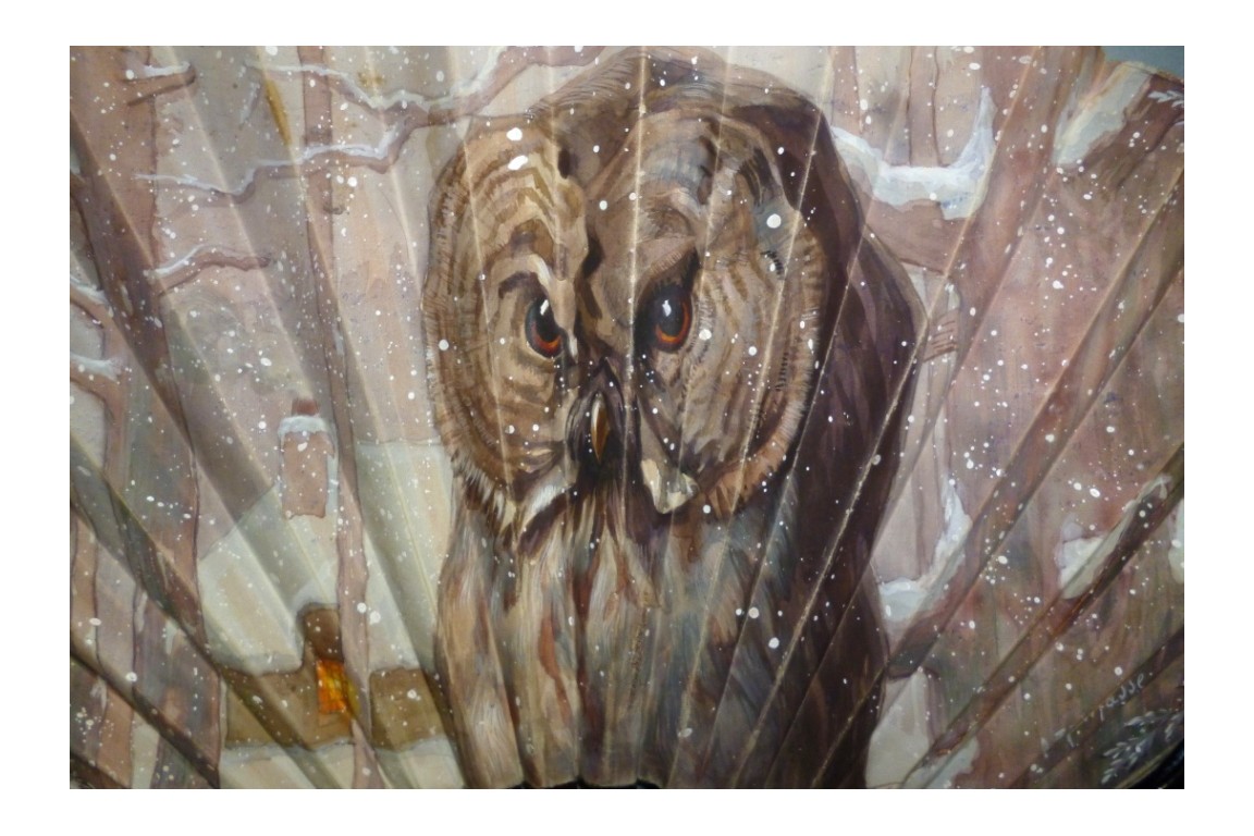 Chouette en hiver, éventail de Thomasse, vers 1900 - 1910