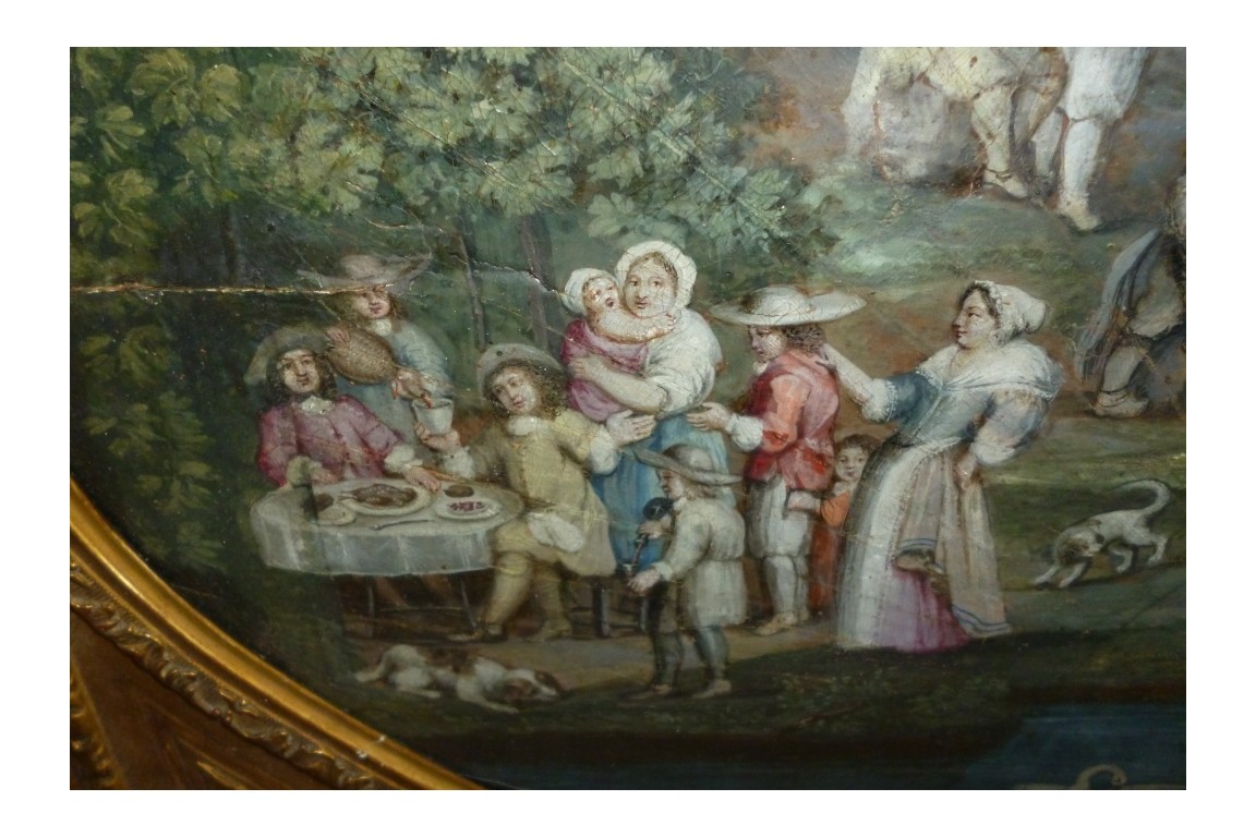 Retour de marché, feuille d'éventail fin XVII ou début XVIIIème siècle