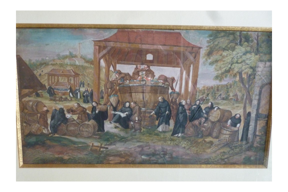 Moines vendangeurs, feuille d'éventail vers 1700
