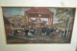 Moines vendangeurs, feuille d'éventail vers 1700
