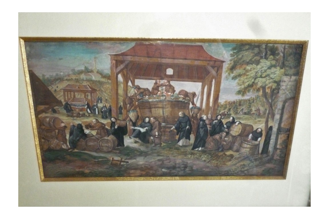 Moines vendangeurs, feuille d'éventail vers 1700