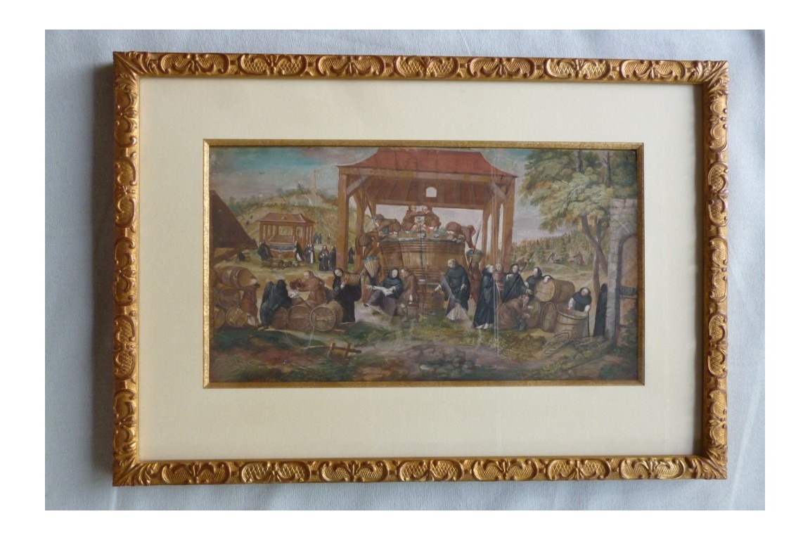 Moines vendangeurs, feuille d'éventail vers 1700