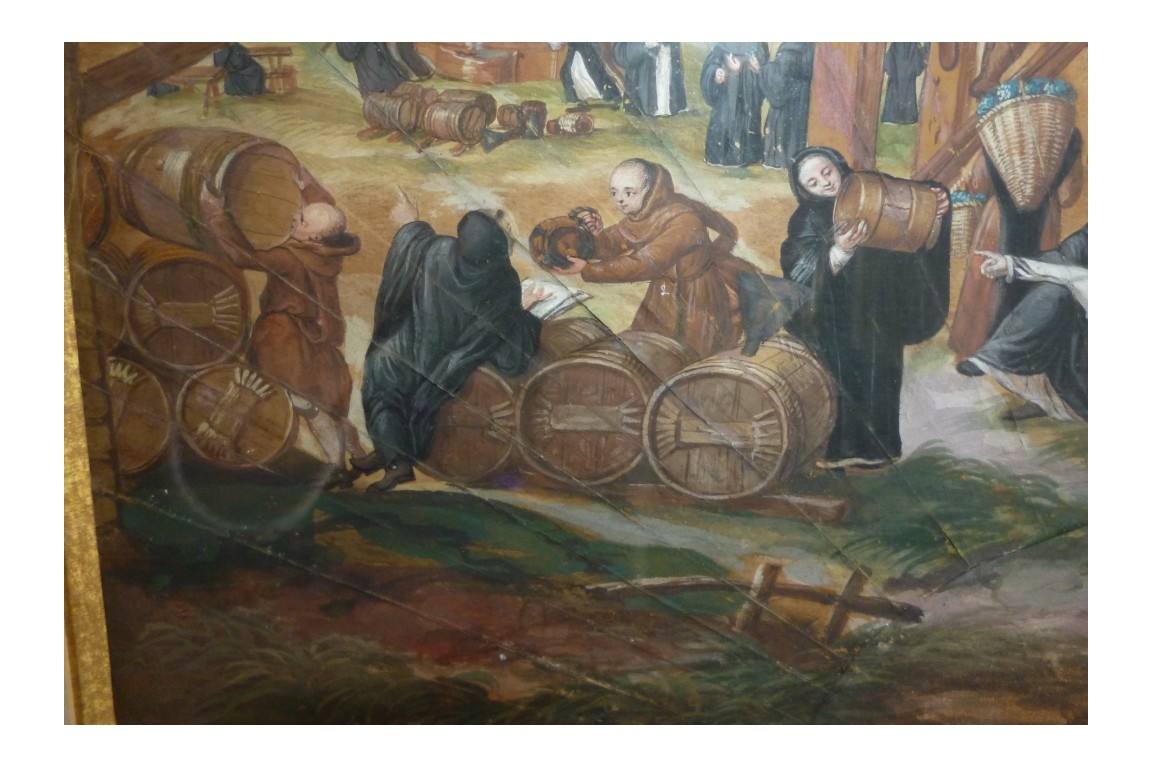 Moines vendangeurs, feuille d'éventail vers 1700