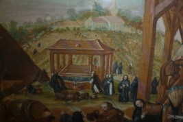 Moines vendangeurs, feuille d'éventail vers 1700
