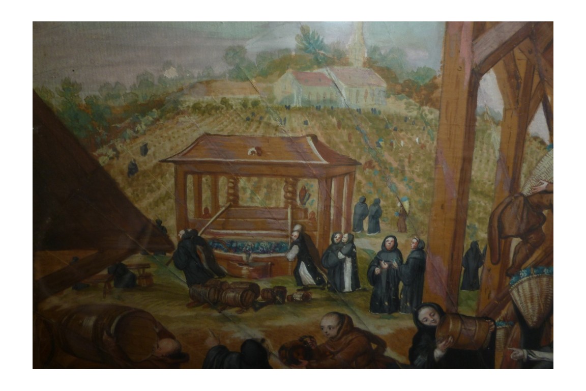 Moines vendangeurs, feuille d'éventail vers 1700