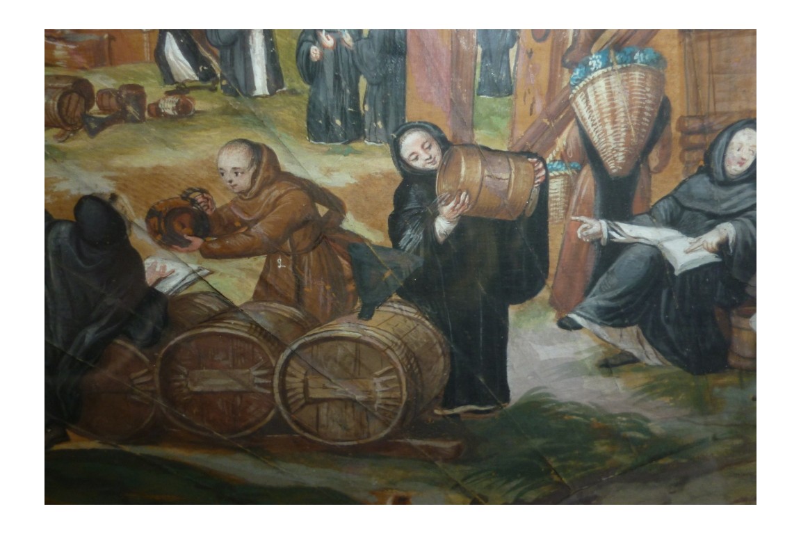 Moines vendangeurs, feuille d'éventail vers 1700