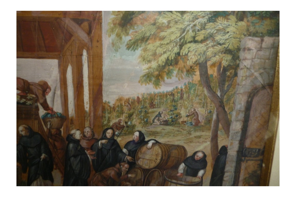Moines vendangeurs, feuille d'éventail vers 1700