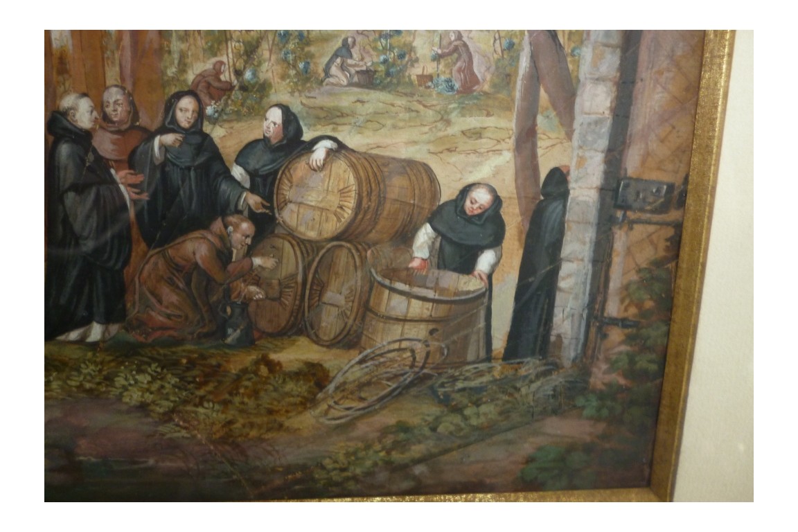 Moines vendangeurs, feuille d'éventail vers 1700