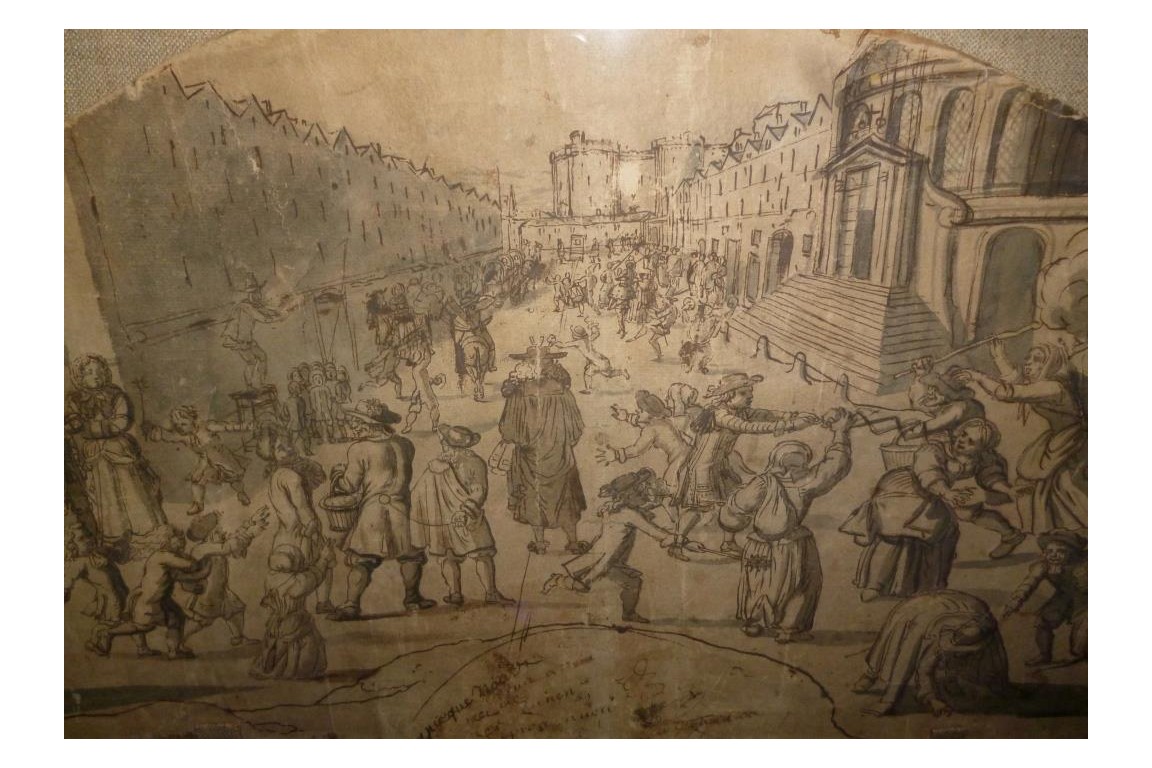 Carnaval de la rue Saint Antoine, projet d'éventail vers 1680