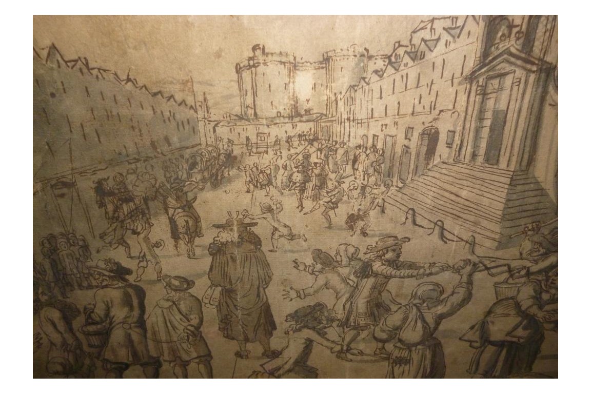 Carnival of street Saint Antoine in Paris, fan project, circa 1680