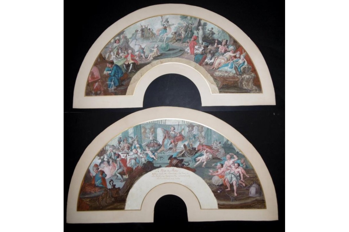 Le théatre du monde au palais de Plutus, feuilles d' éventails XVIIIème