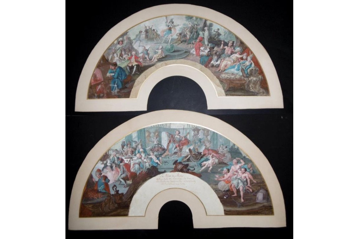 The theatre of the world in the palace of Plutus, fan leaves, 18th century