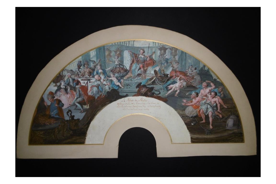 Le théatre du monde au palais de Plutus, feuilles d' éventails XVIIIème