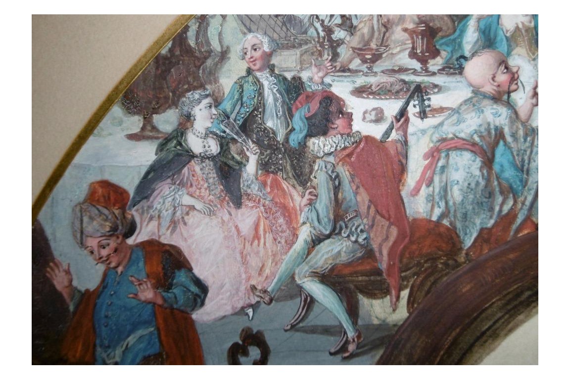 Le théatre du monde au palais de Plutus, feuilles d' éventails XVIIIème